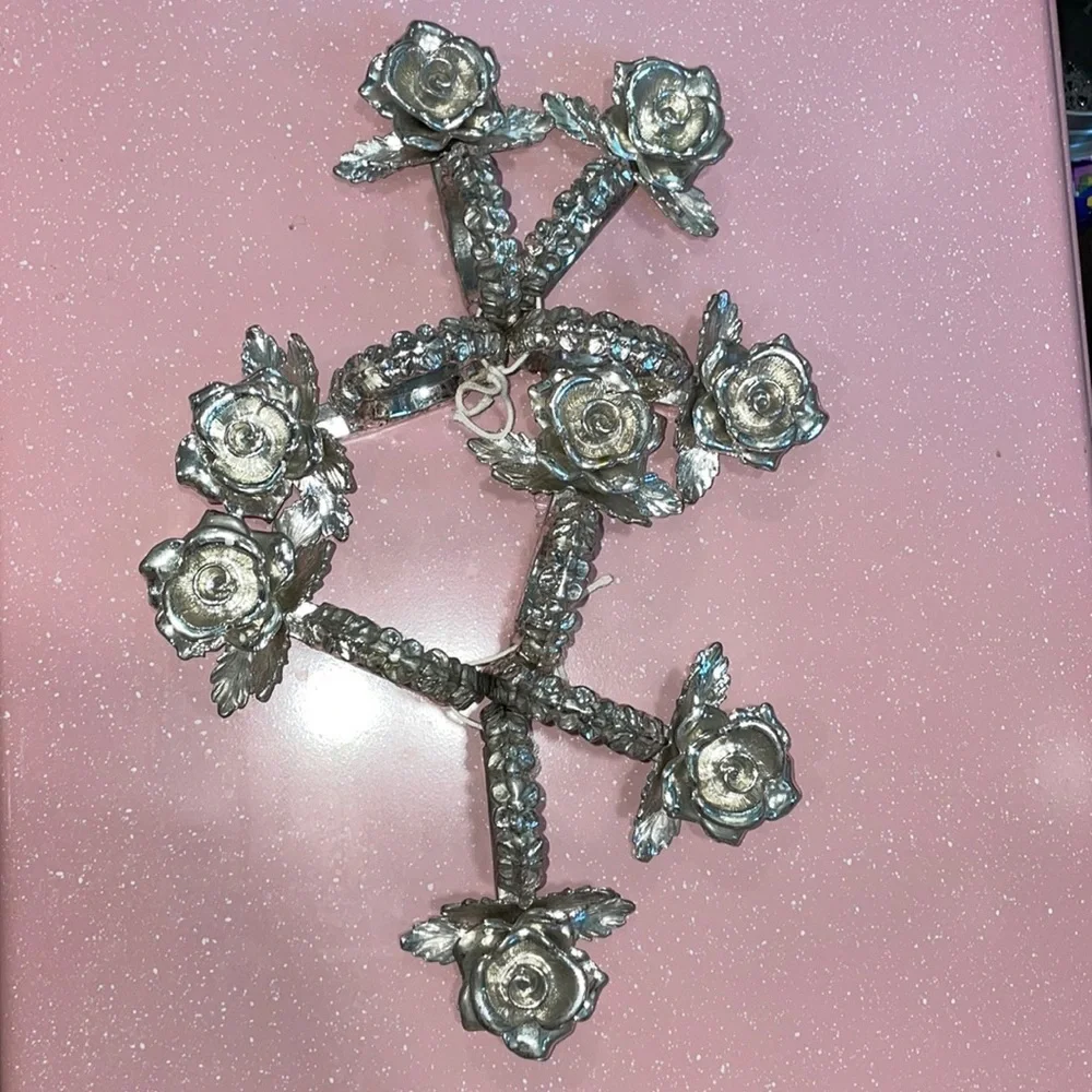 Vintage Silver Tone Metal Rose Design Napkin Ring Holders Set of 8